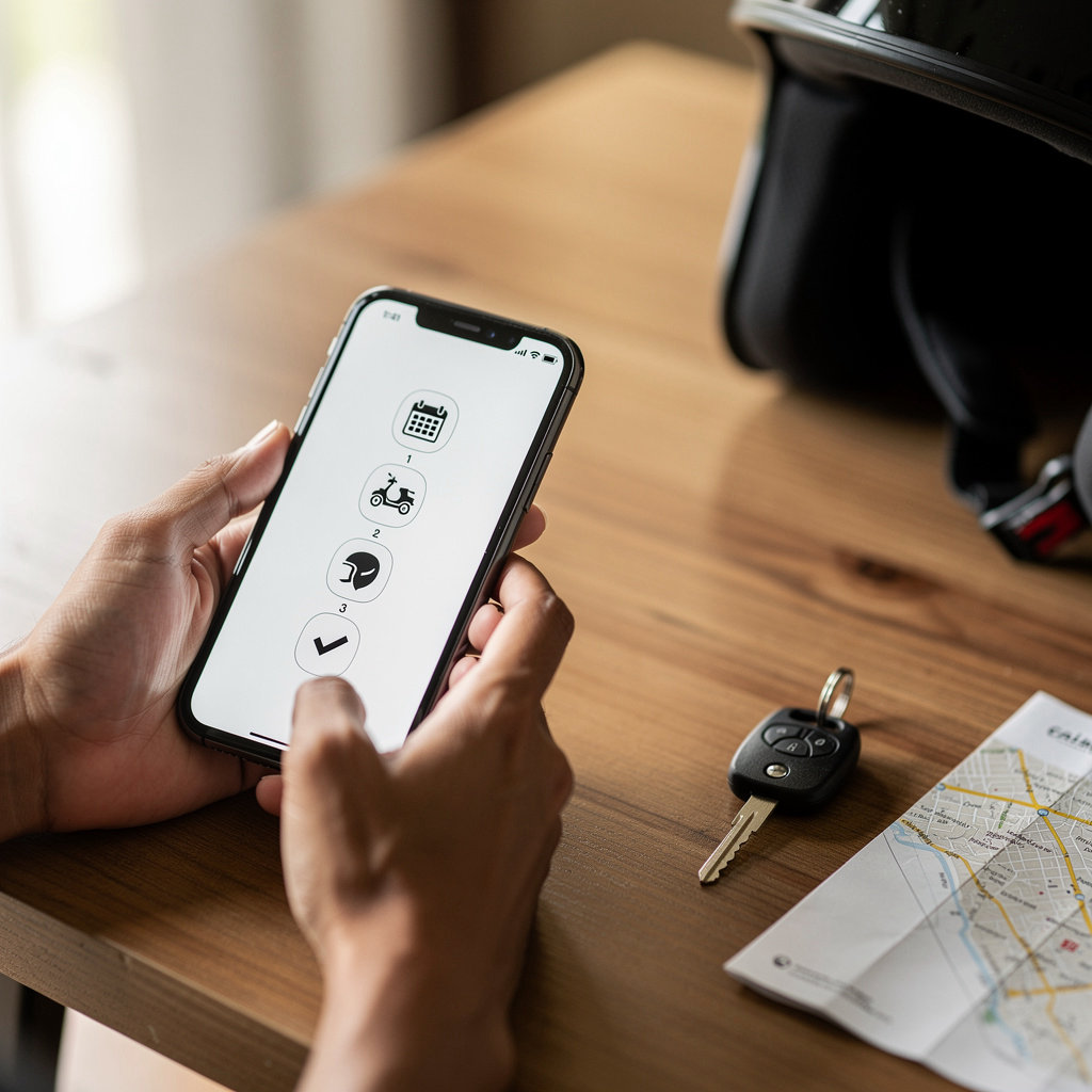 Proses booking motor Caliskan Bike Rental Canggu dalam 4 langkah mudah - dari WhatsApp hingga pengiriman gratis